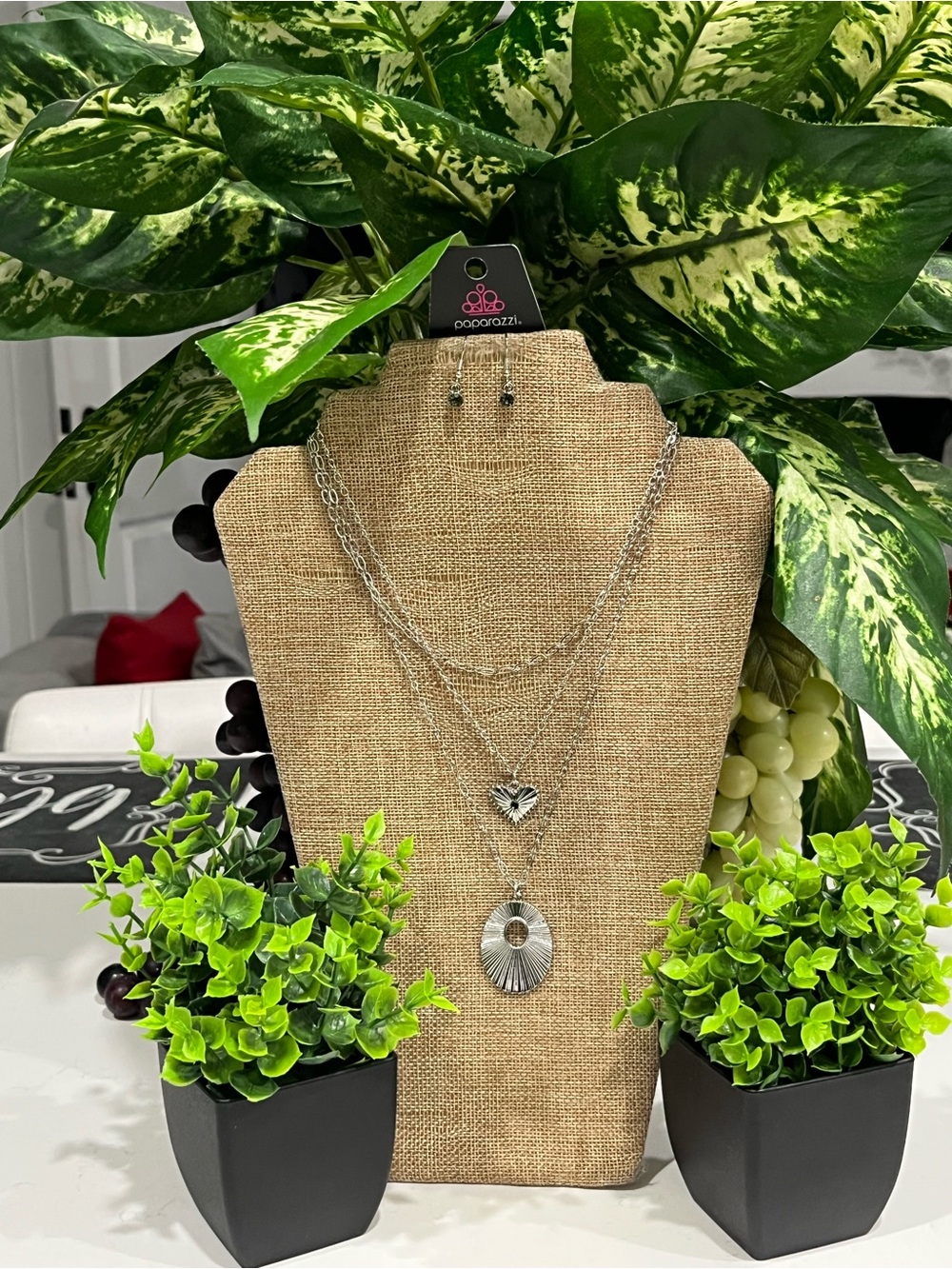 paparazzi Silver Layered Heart & Sunburst Pendant Necklace Set